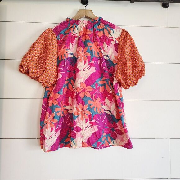 Ces Femme Shirt Blouse Floral Peasant Bright Colorful Puff Sleeves Tropical Sz L - Picture 5 of 8